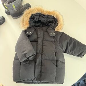 Zara Black Puffer Jacket with Tan Faux Fur Lining